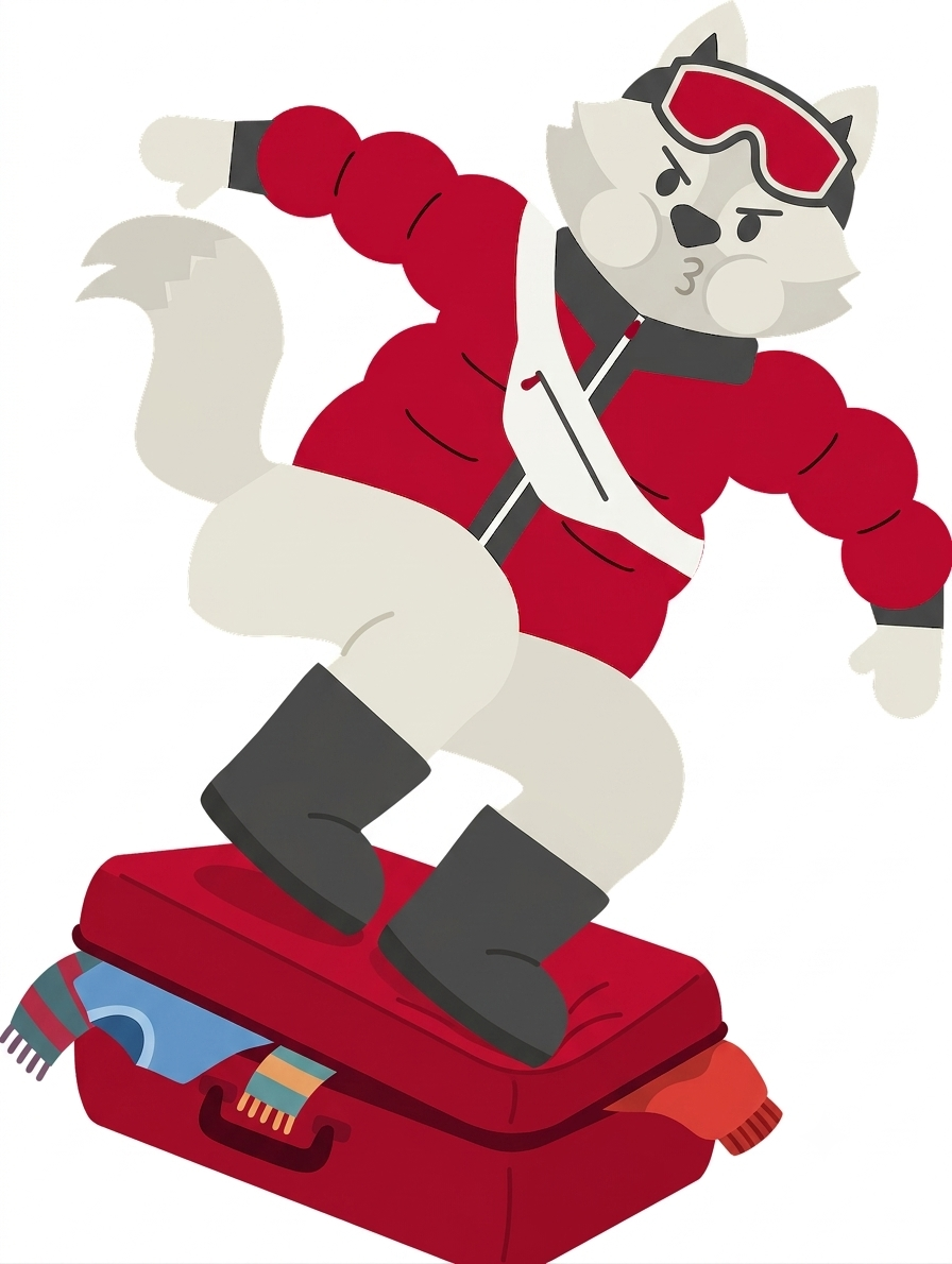 AI single: Lief standing on an overstuffed suitcase